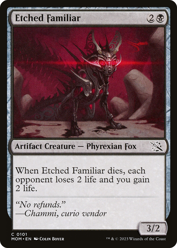 Etched Familiar - Common Artifact Creature — Phyrexian Fox card from March of the Machine