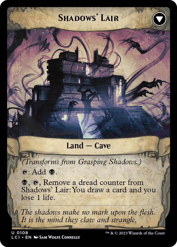 Back face of Grasping Shadows // Shadows' Lair - Land — Cave card