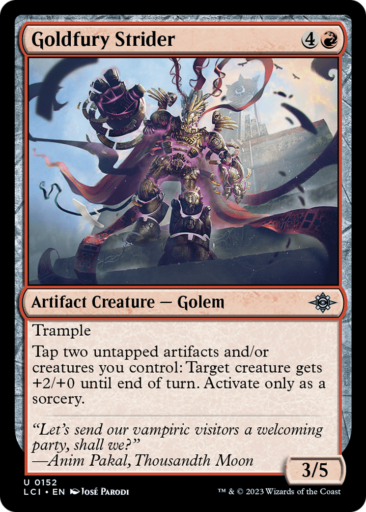 Goldfury Strider - Uncommon Artifact Creature — Golem card from The Lost Caverns of Ixalan