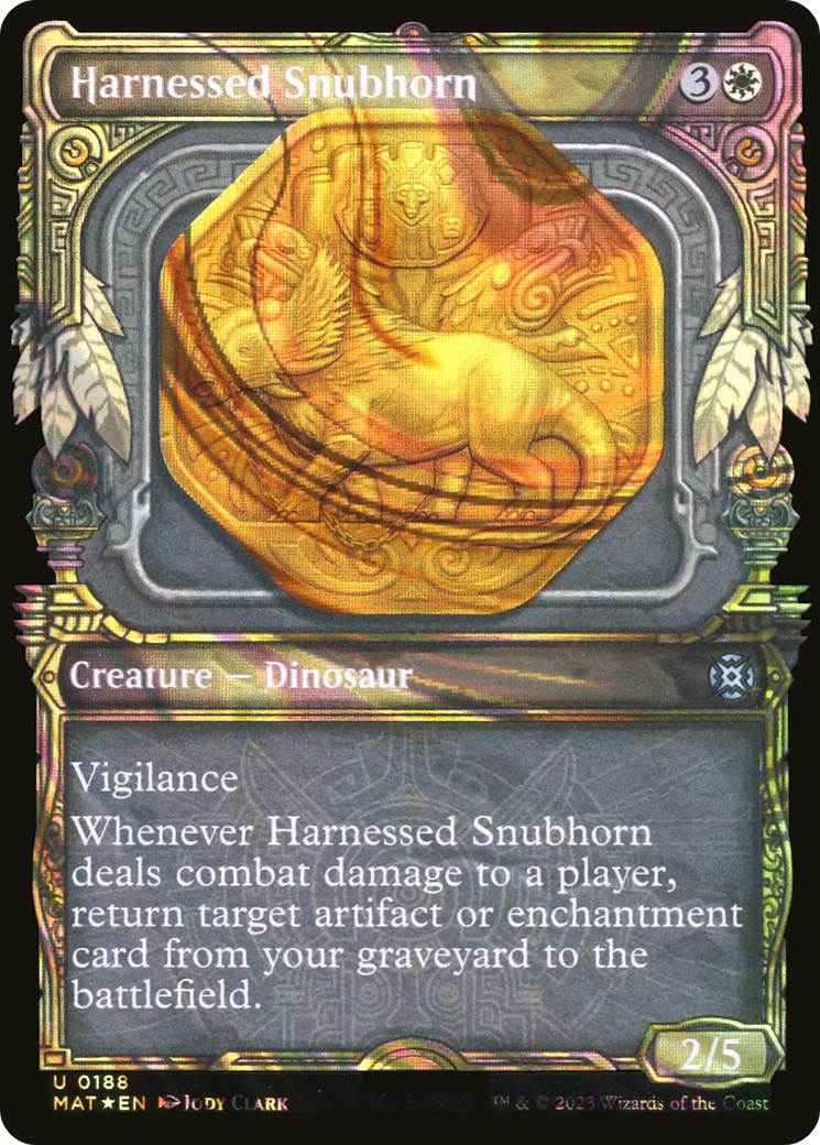 Harnessed Snubhorn - Uncommon Creature — Dinosaur card from March of the Machine: The Aftermath