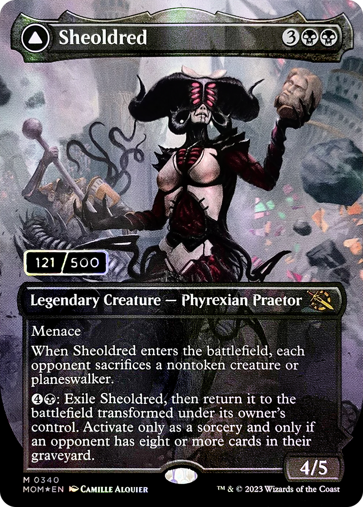 Sheoldred // The True Scriptures - Mythic Legendary Creature — Phyrexian Praetor card from March of the Machine