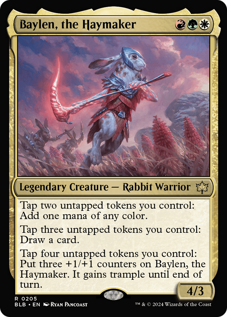 Baylen, the Haymaker - Rare Legendary Creature — Rabbit Warrior card from Bloomburrow