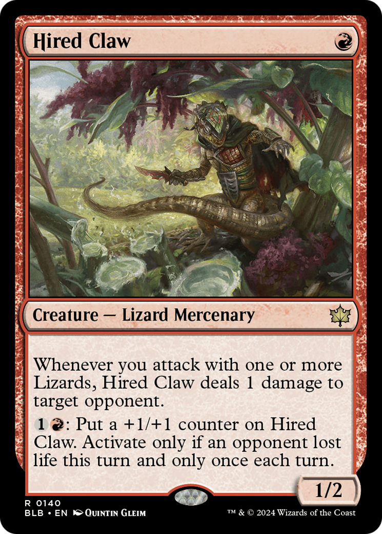 Hired Claw - Rare Creature — Lizard Mercenary card from Bloomburrow