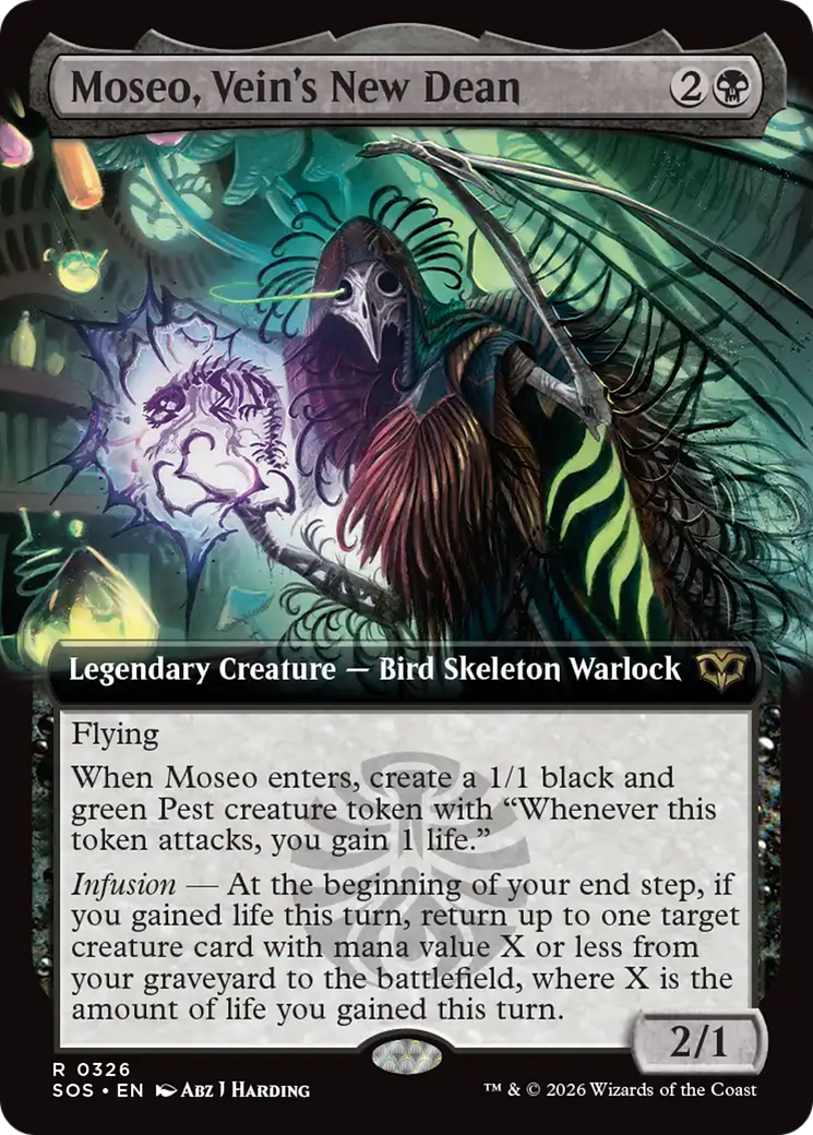 Moseo, Vein's New Dean - Rare Legendary Creature — Bird Skeleton Warlock card from Secrets of Strixhaven