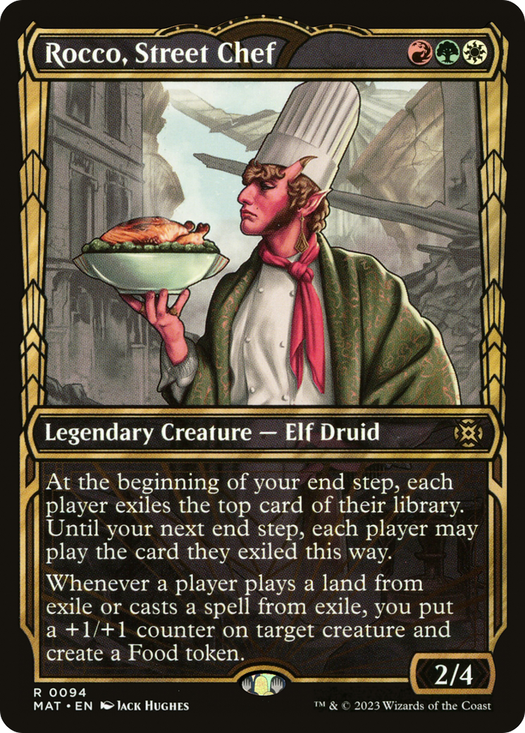 Rocco, Street Chef - Rare Legendary Creature — Elf Druid card from March of the Machine: The Aftermath
