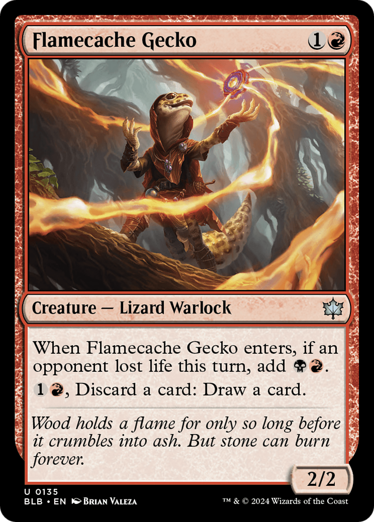 Flamecache Gecko - Uncommon Creature — Lizard Warlock card from Bloomburrow