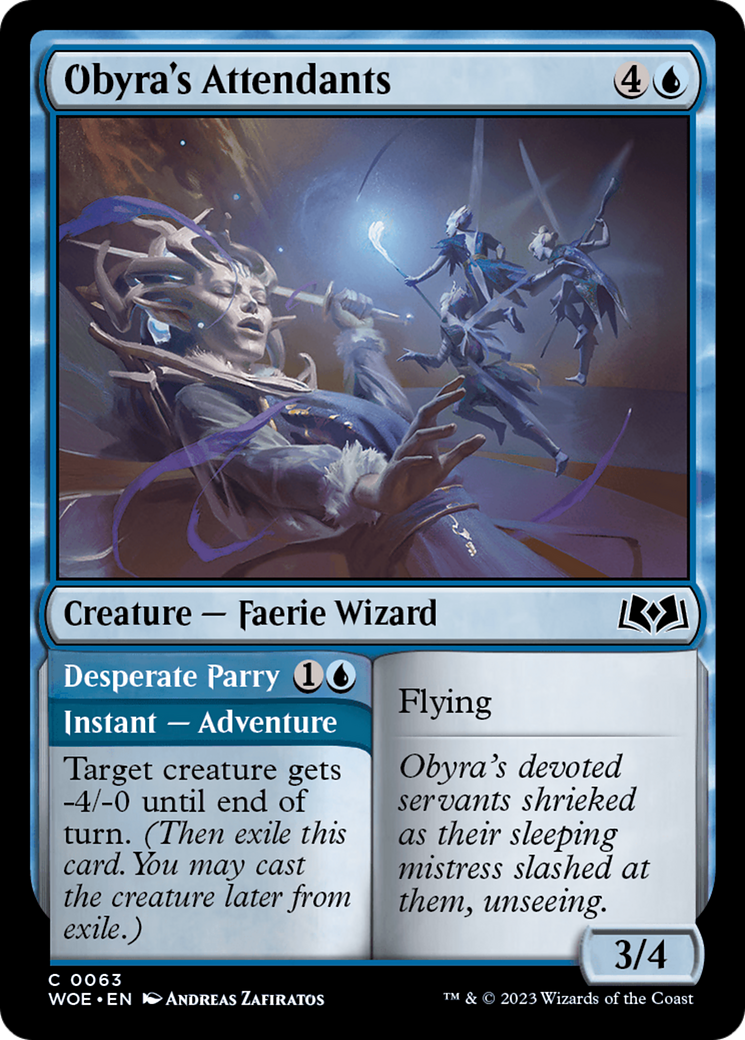 Obyra's Attendants // Desperate Parry - Common Creature — Faerie Wizard card from Wilds of Eldraine