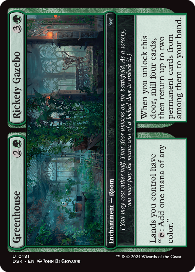 Greenhouse // Rickety Gazebo - Uncommon Enchantment — Room card from Duskmourn: House of Horror