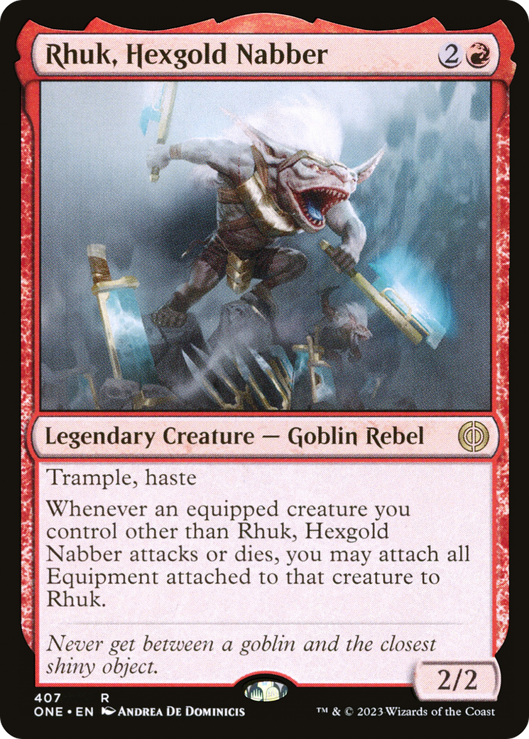 Rhuk, Hexgold Nabber - Rare Legendary Creature — Goblin Rebel card from Phyrexia: All Will Be One