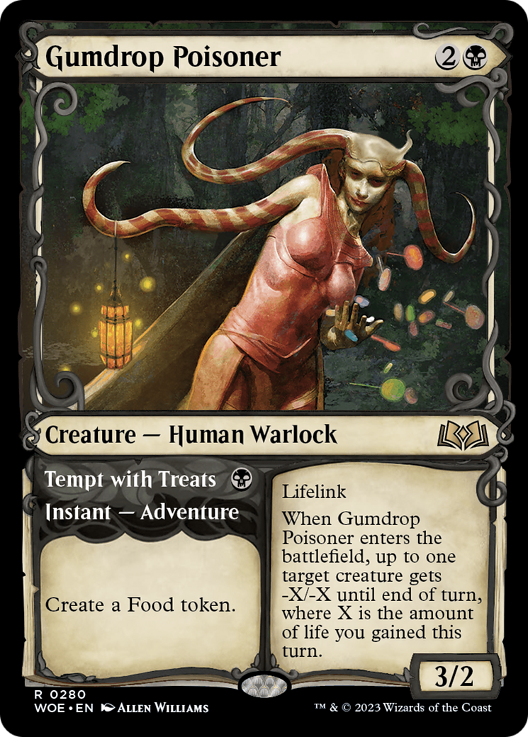 Gumdrop Poisoner // Tempt with Treats - Rare Creature — Human Warlock card from Wilds of Eldraine