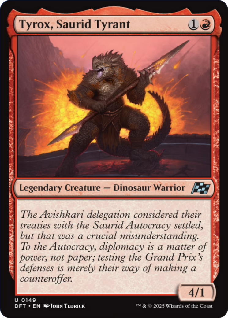 Tyrox, Saurid Tyrant - Uncommon Legendary Creature — Dinosaur Warrior card from Aetherdrift