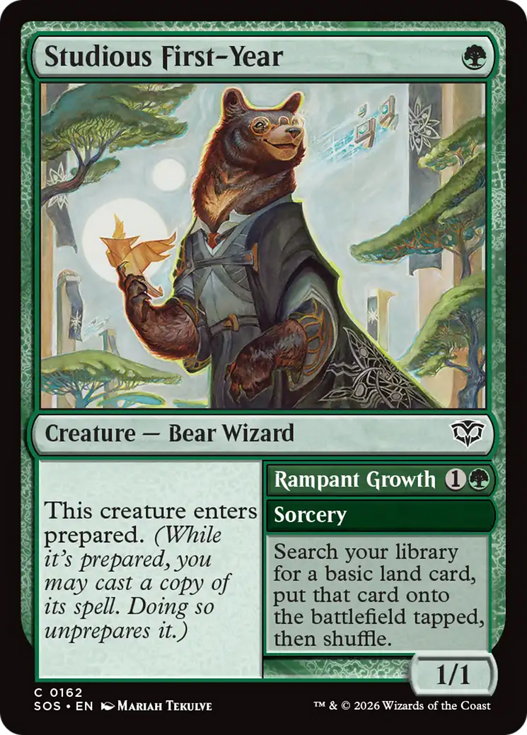 Studious First-Year // Rampant Growth - Common Creature — Bear Wizard card from Secrets of Strixhaven