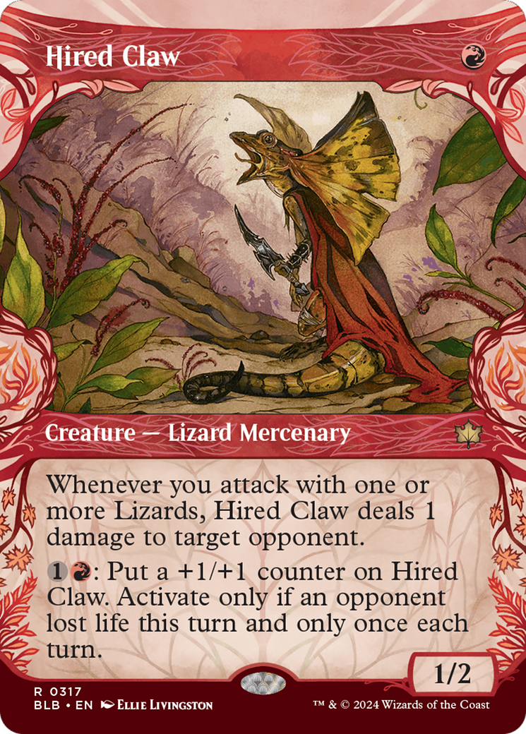 Hired Claw - Rare Creature — Lizard Mercenary card from Bloomburrow