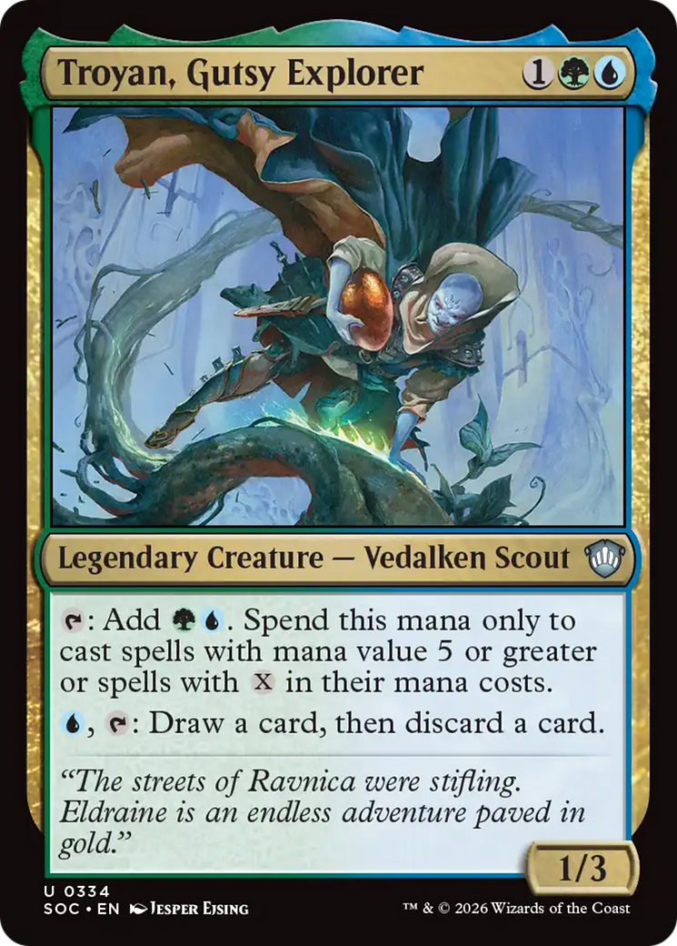 Troyan, Gutsy Explorer - Uncommon Legendary Creature — Vedalken Scout card from Secrets of Strixhaven Commander
