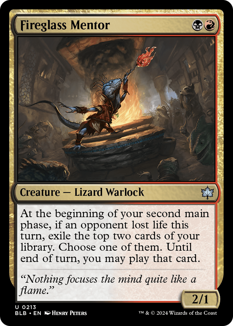 Fireglass Mentor - Uncommon Creature — Lizard Warlock card from Bloomburrow