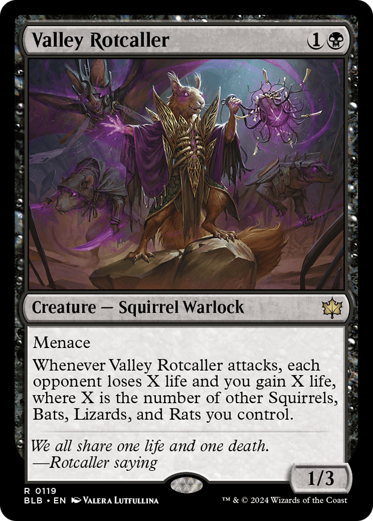 Valley Rotcaller - Rare Creature — Squirrel Warlock card from Bloomburrow