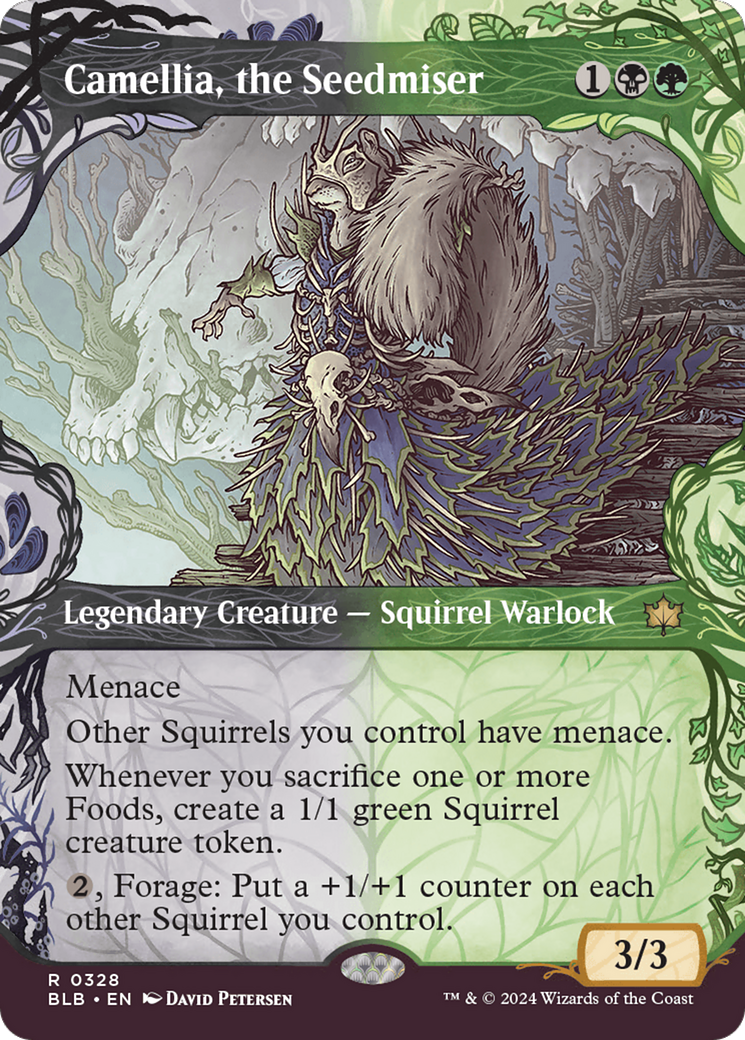 Camellia, the Seedmiser - Rare Legendary Creature — Squirrel Warlock card from Bloomburrow
