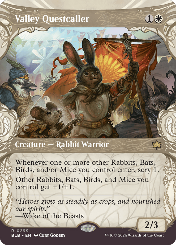 Valley Questcaller - Rare Creature — Rabbit Warrior card from Bloomburrow
