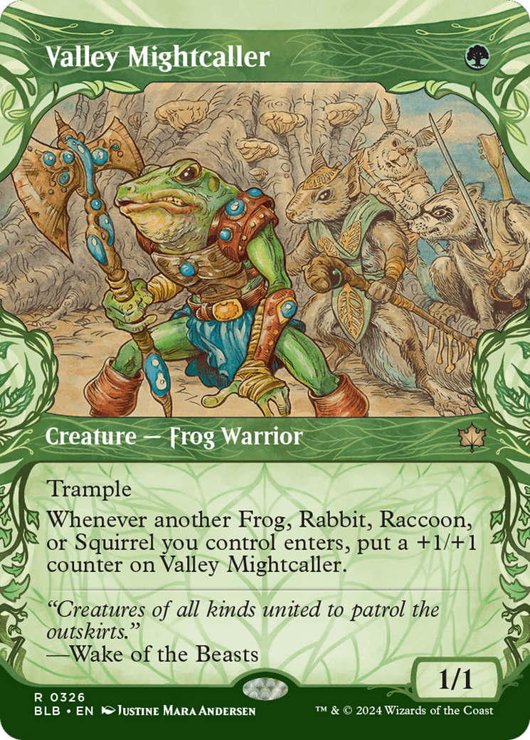 Valley Mightcaller - Rare Creature — Frog Warrior card from Bloomburrow