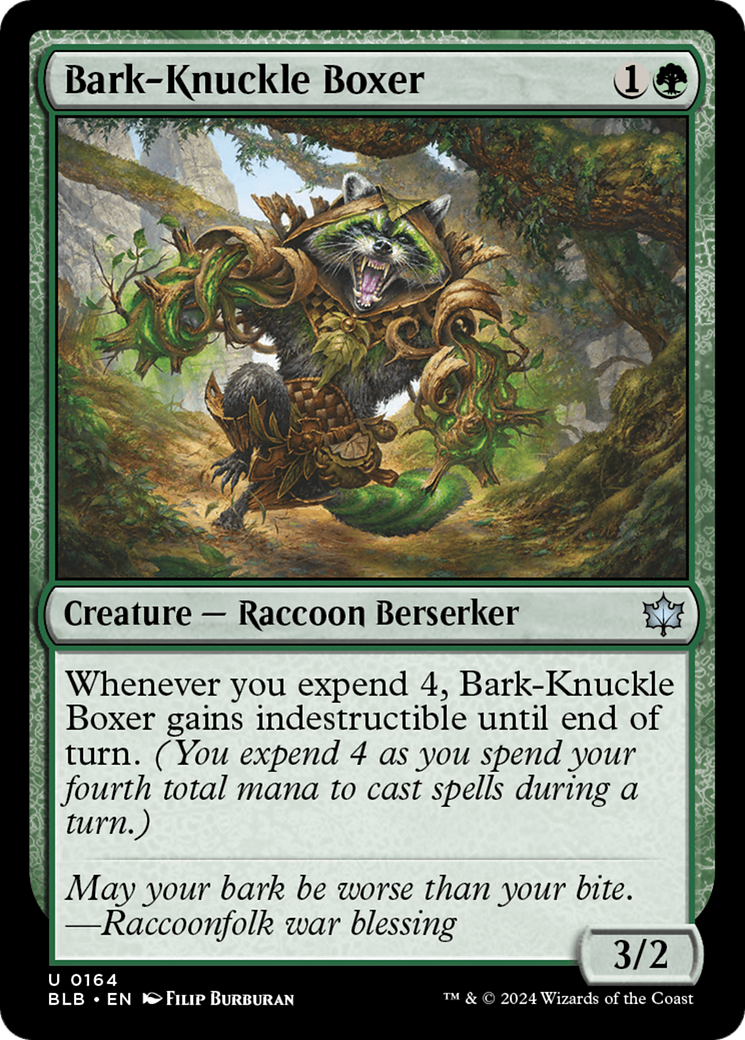 Bark-Knuckle Boxer - Uncommon Creature — Raccoon Berserker card from Bloomburrow