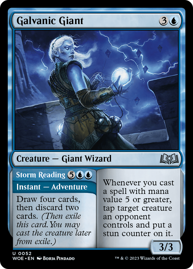 Galvanic Giant // Storm Reading - Uncommon Instant — Adventure card from Wilds of Eldraine