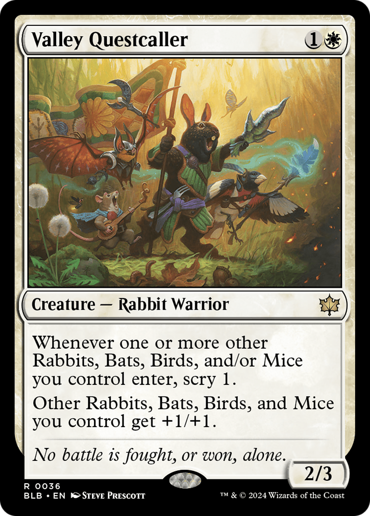 Valley Questcaller - Rare Creature — Rabbit Warrior card from Bloomburrow