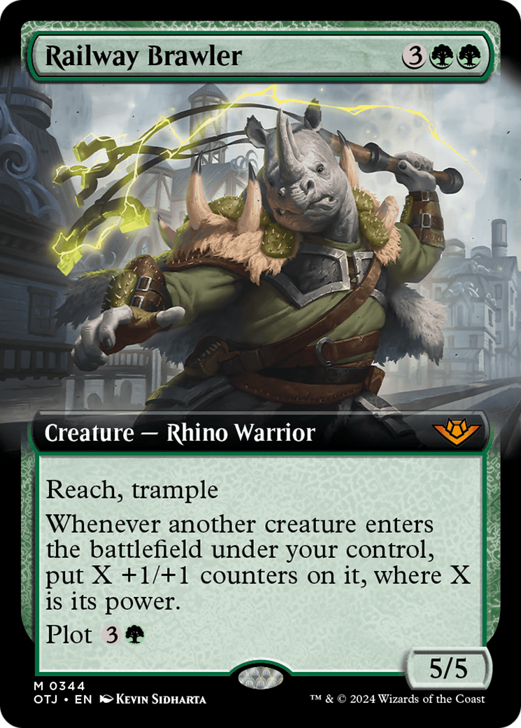 Railway Brawler - Mythic Creature — Rhino Warrior card from Outlaws of Thunder Junction
