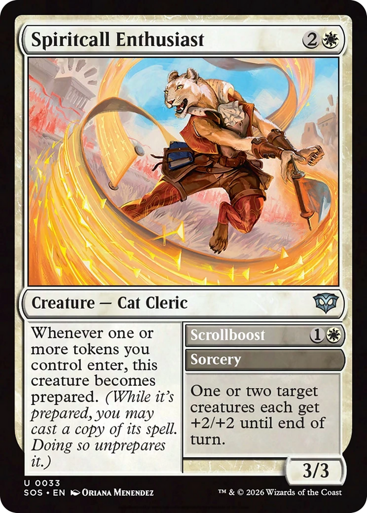Spiritcall Enthusiast // Scrollboost - Uncommon Creature — Cat Cleric card from Secrets of Strixhaven