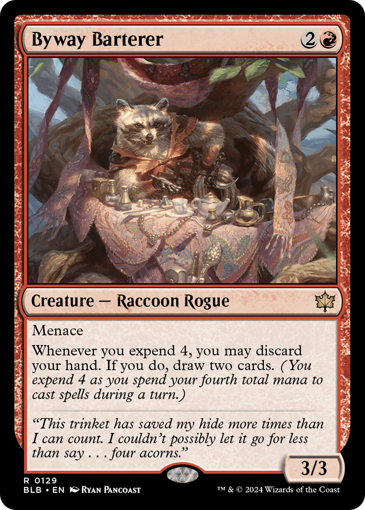 Byway Barterer - Rare Creature — Raccoon Rogue card from Bloomburrow