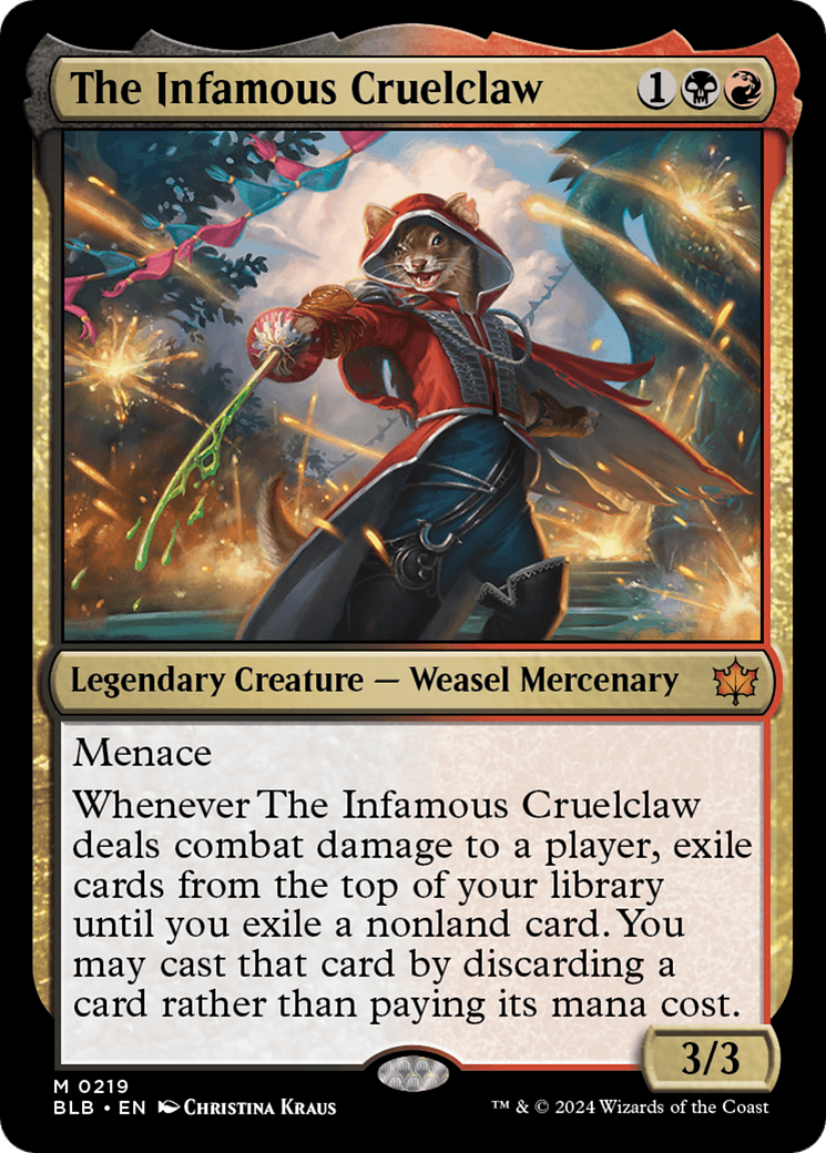 The Infamous Cruelclaw - Mythic Legendary Creature — Weasel Mercenary card from Bloomburrow
