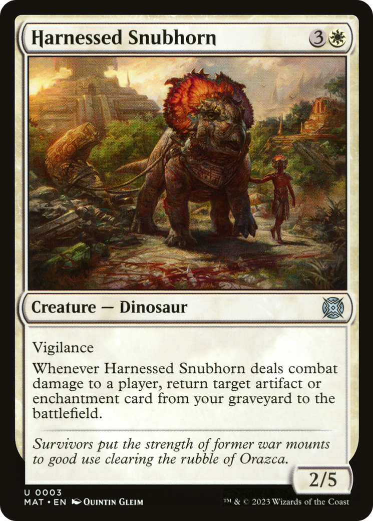 Harnessed Snubhorn - Uncommon Creature — Dinosaur card from March of the Machine: The Aftermath