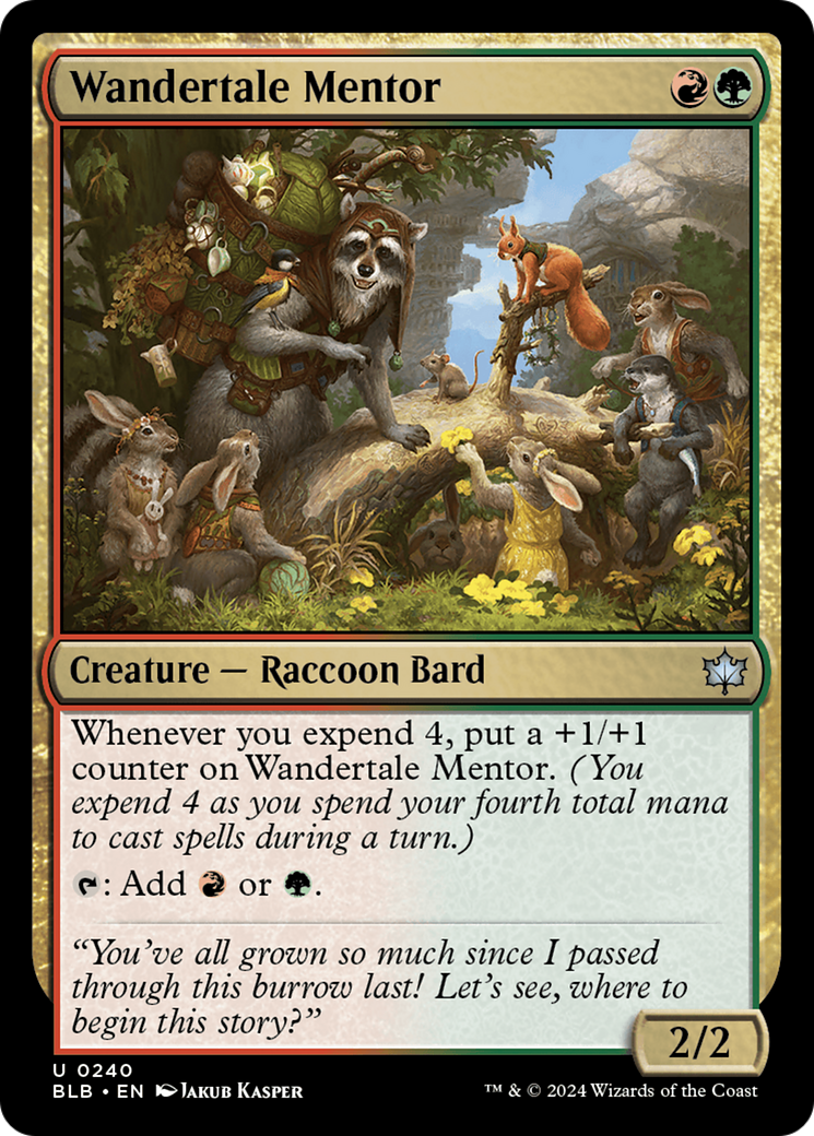 Wandertale Mentor - Uncommon Creature — Raccoon Bard card from Bloomburrow