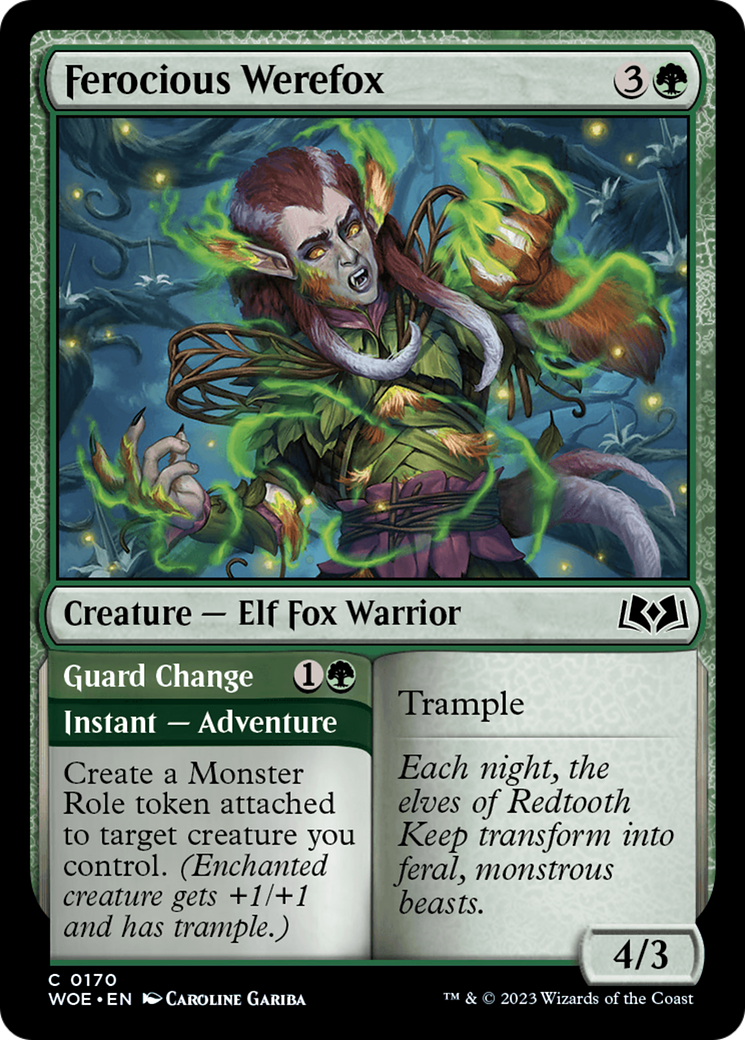 Ferocious Werefox // Guard Change - Common Creature — Elf Fox Warrior card from Wilds of Eldraine