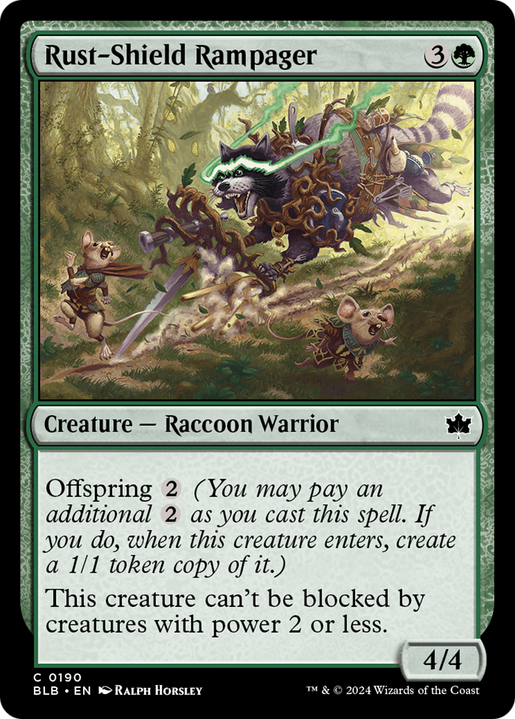 Rust-Shield Rampager - Common Creature — Raccoon Warrior card from Bloomburrow