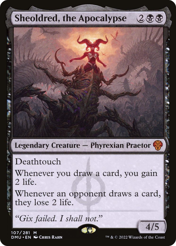Sheoldred, the Apocalypse - Mythic Legendary Creature — Phyrexian Praetor card from Dominaria United