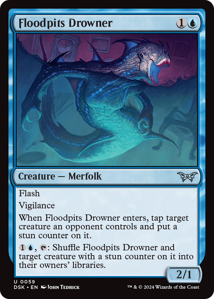 Floodpits Drowner - Uncommon Creature — Merfolk card from Duskmourn: House of Horror