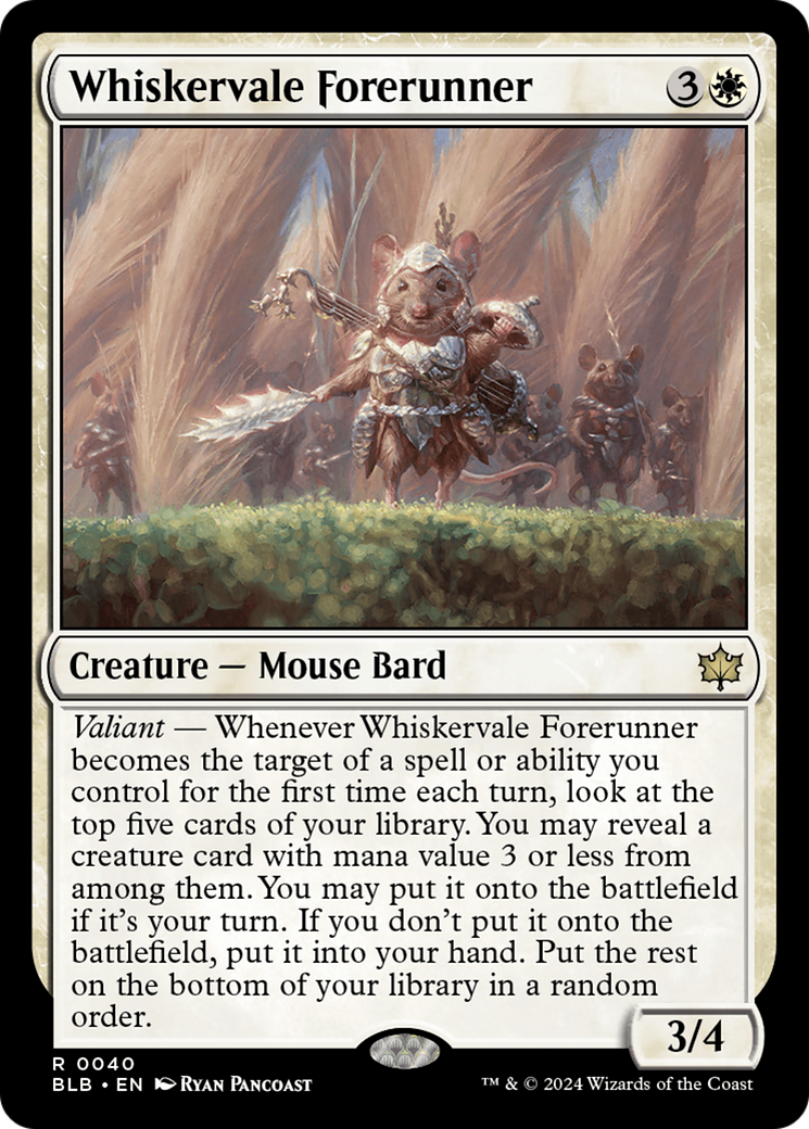 Whiskervale Forerunner - Rare Creature — Mouse Bard card from Bloomburrow