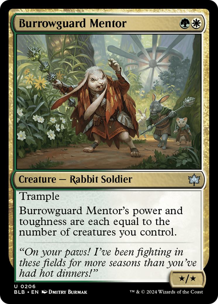 Burrowguard Mentor - Uncommon Creature — Rabbit Soldier card from Bloomburrow