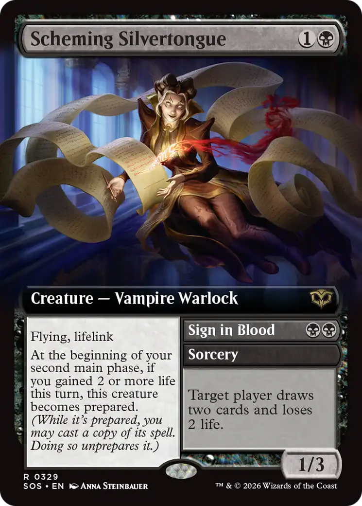 Scheming Silvertongue // Sign in Blood - Rare Creature — Vampire Warlock card from Secrets of Strixhaven