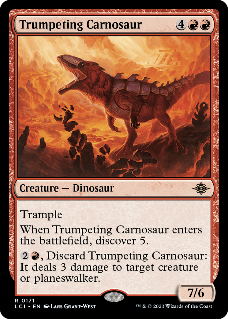 Trumpeting Carnosaur - Rare Creature — Dinosaur card from The Lost Caverns of Ixalan