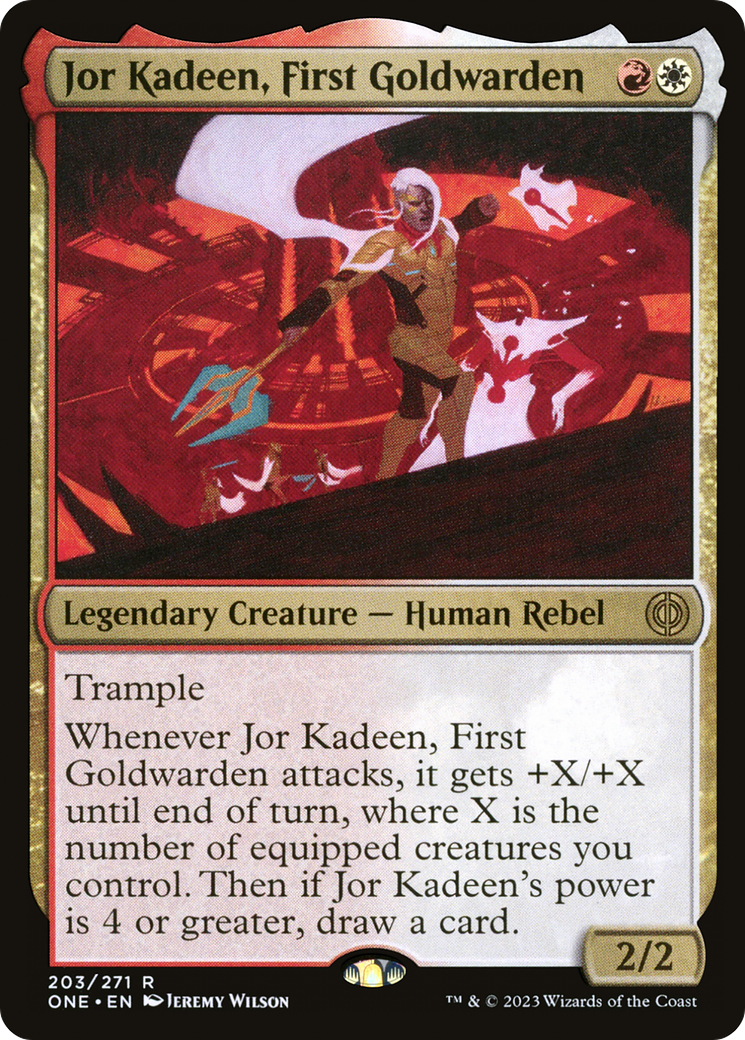 Jor Kadeen, First Goldwarden - Rare Legendary Creature — Human Rebel card from Phyrexia: All Will Be One
