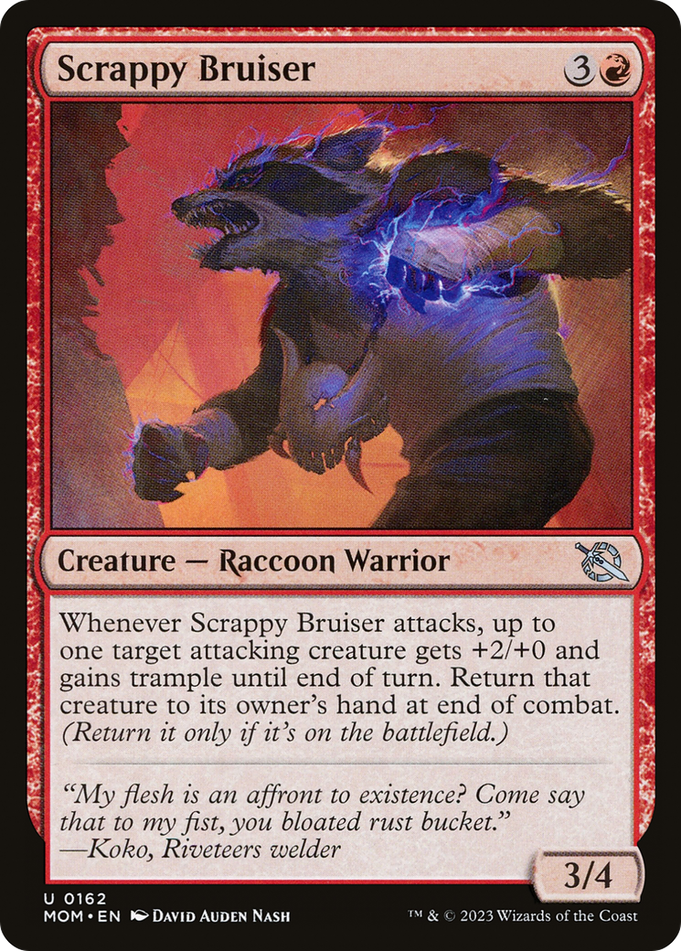 Scrappy Bruiser - Uncommon Creature — Raccoon Warrior card from March of the Machine
