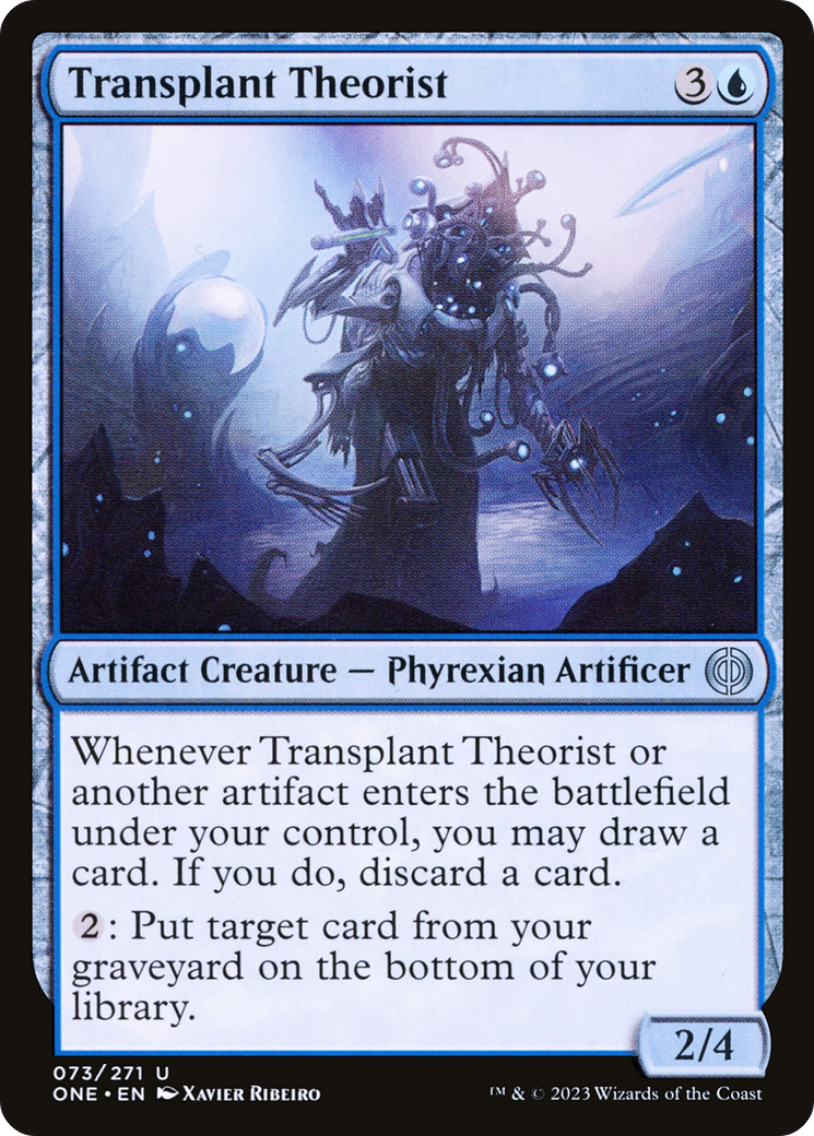 Transplant Theorist - Uncommon Artifact Creature — Phyrexian Artificer card from Phyrexia: All Will Be One