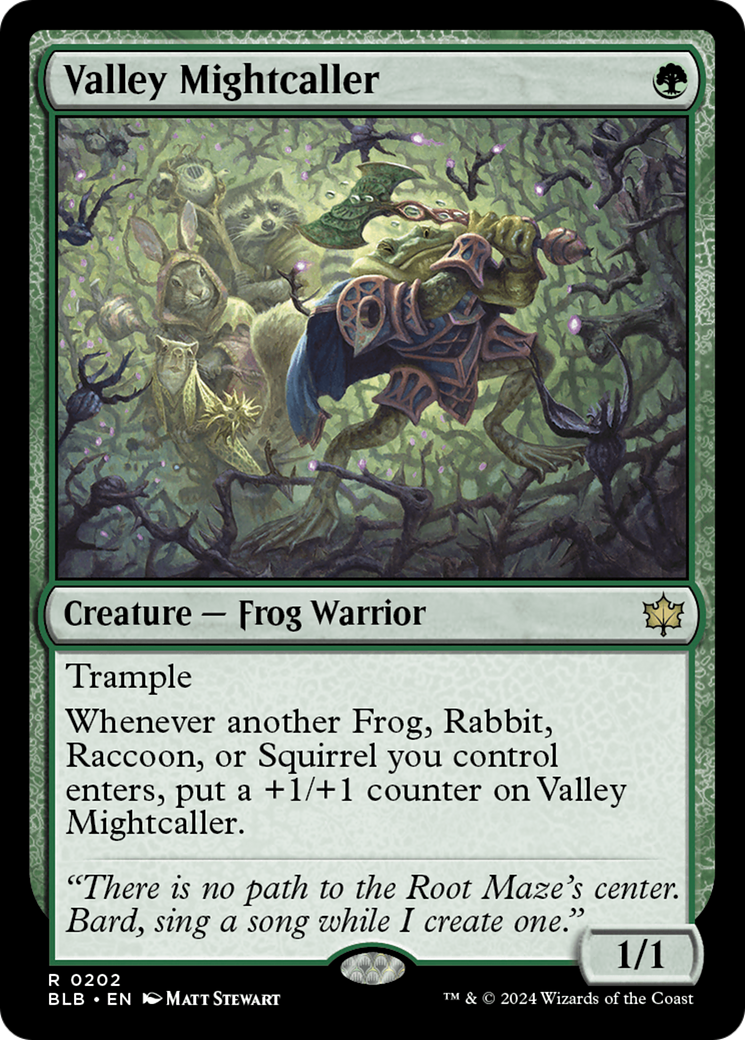 Valley Mightcaller - Rare Creature — Frog Warrior card from Bloomburrow