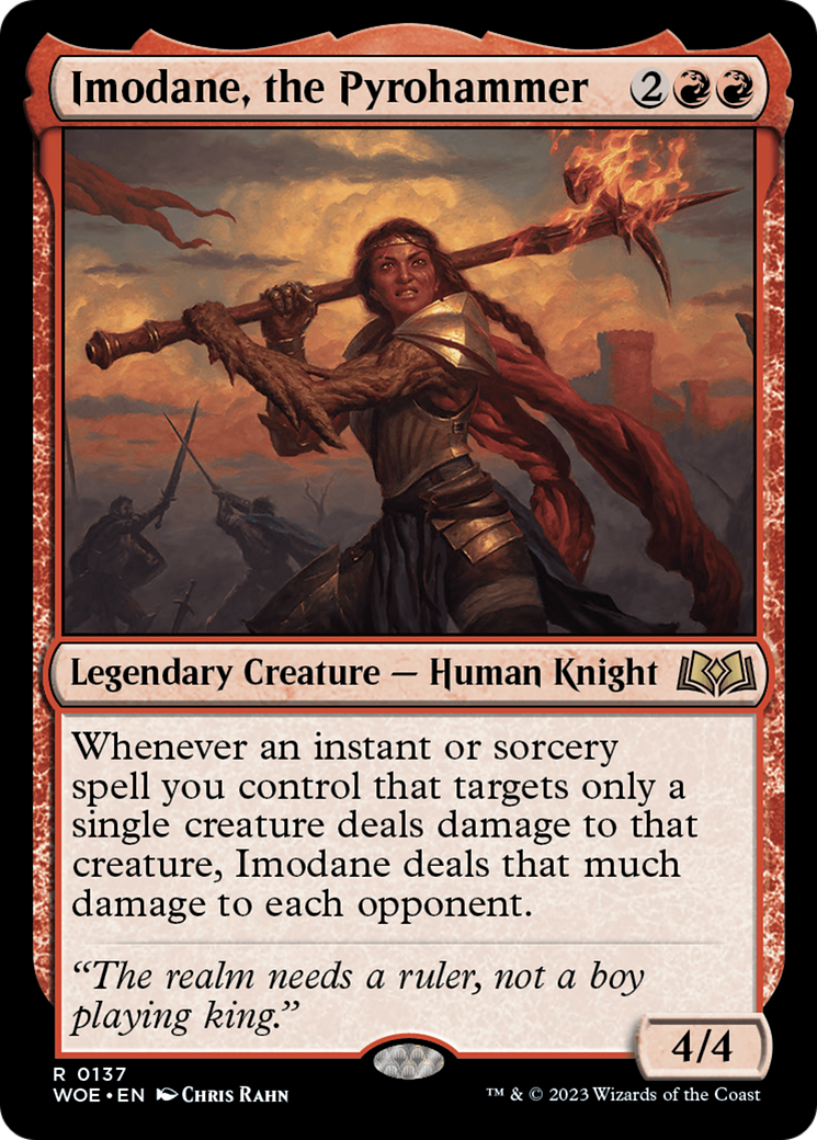 Imodane, the Pyrohammer - Rare Legendary Creature — Human Knight card from Wilds of Eldraine