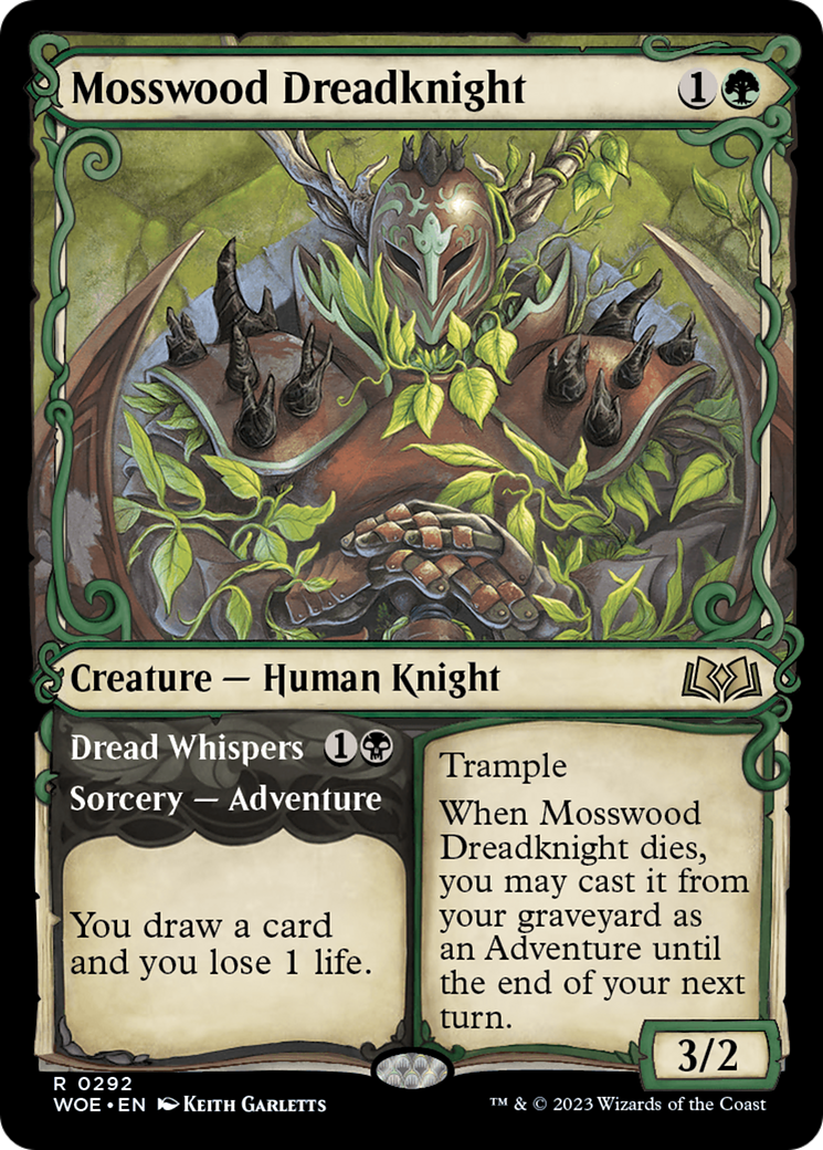 Mosswood Dreadknight // Dread Whispers - Rare Creature — Human Knight card from Wilds of Eldraine