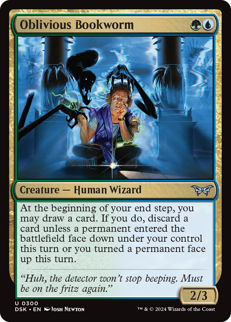 Oblivious Bookworm - Uncommon Creature — Human Wizard card from Duskmourn: House of Horror