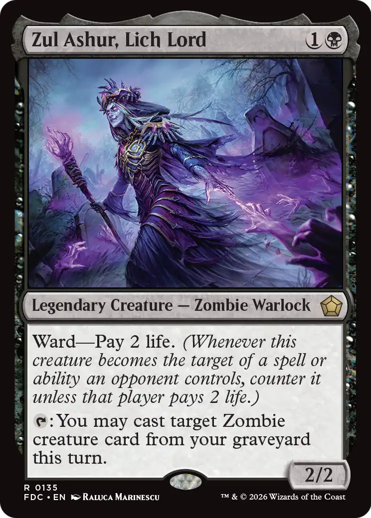 Zul Ashur, Lich Lord - Rare Legendary Creature — Zombie Warlock card from Foundations Commander