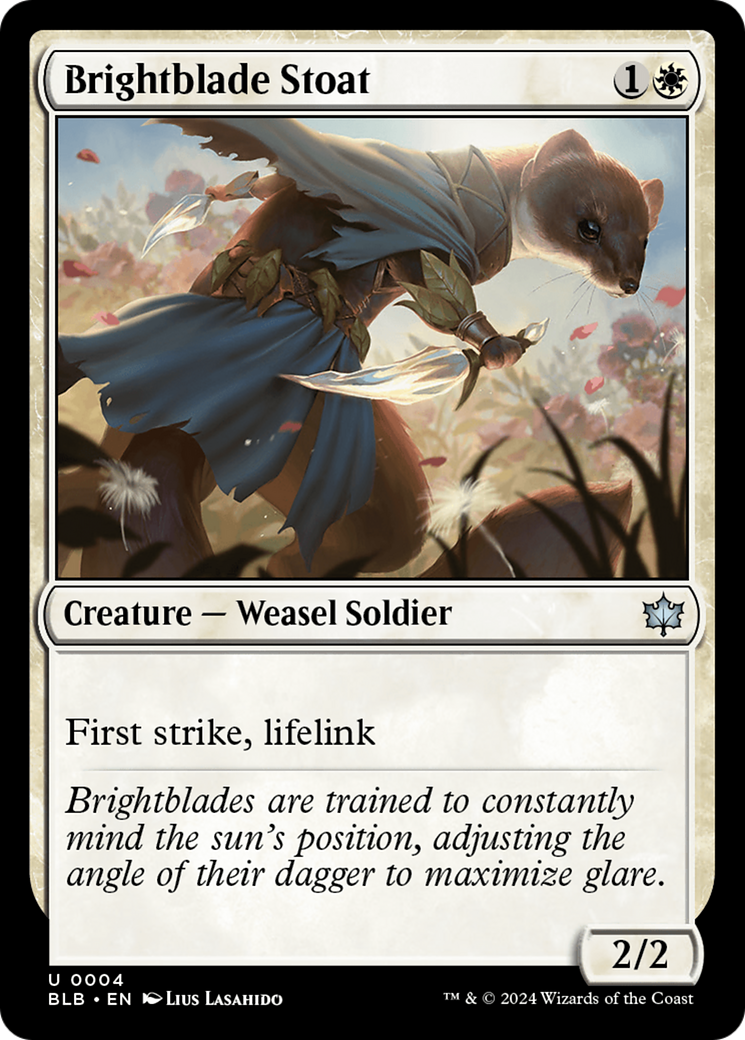 Brightblade Stoat - Uncommon Creature — Weasel Soldier card from Bloomburrow