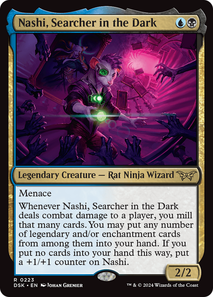 Nashi, Searcher in the Dark - Rare Legendary Creature — Rat Ninja Wizard card from Duskmourn: House of Horror